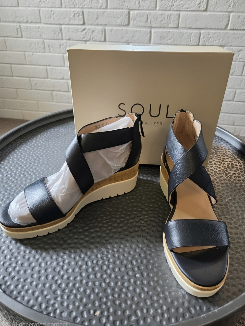 NIB SOUL Naturalizer Black Leather Crisscross Wedge Sandals